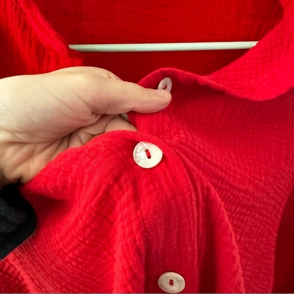 Charlie Holiday Red Cotton Gauze Harlow Button Down 3/4 Casual Oversized Shirt 6 - Picture 8 of 12